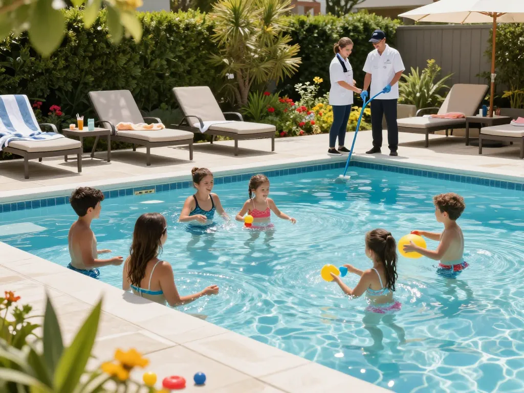 Dolphin Pool Services ensuring family fun in a vibrant poolside setting with professional care.