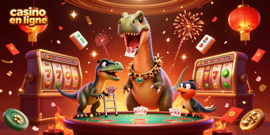Un brontosaurus dans un casino en ligne jouant aux machines à sous avec des cartes distribuées, offrant une expérience ludique.