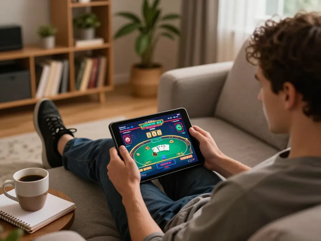 Player enjoying TG88 online poker game on a cozy couch with a tablet