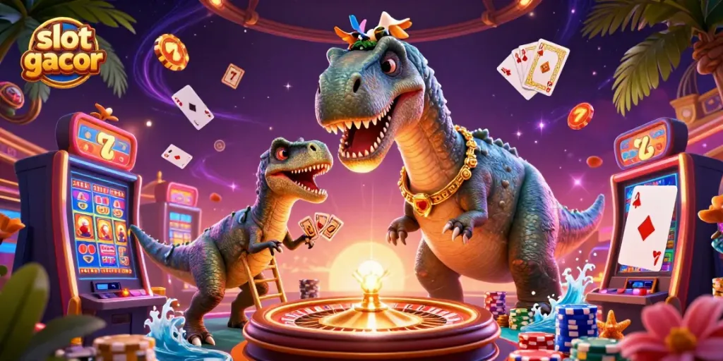 Gambaran dinamis slot gacor dengan dinosaurus 3D dan elemen kasino menarik lainnya.