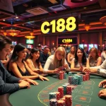 Experience the thrill of the blackjack table at nhà cái c168, where players engage eagerly in intense gambling action.