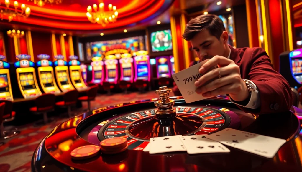 Experience the thrill at 79king casino with players enjoying roulette and vibrant slot machines.