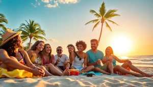 Experience joy at the beach with friends highlighting https://travelvixta.com