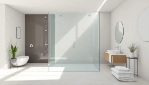 Admire la paroi de douche en verre parfaitement intégrée dans un intérieur moderne et élégant.