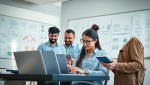 Team working on professional QA services in a bright, modern office environment.