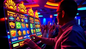 Menggambarkan platform bensu4d dengan mesin slot yang berwarna cerah dan pemain yang merayakan kemenangan.