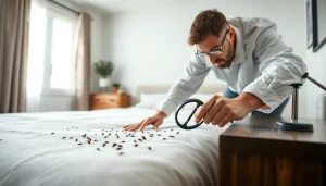 Inspect a bed for pests at https://affordablebedbugexterminators.com with a professional exterminator in a tidy room.