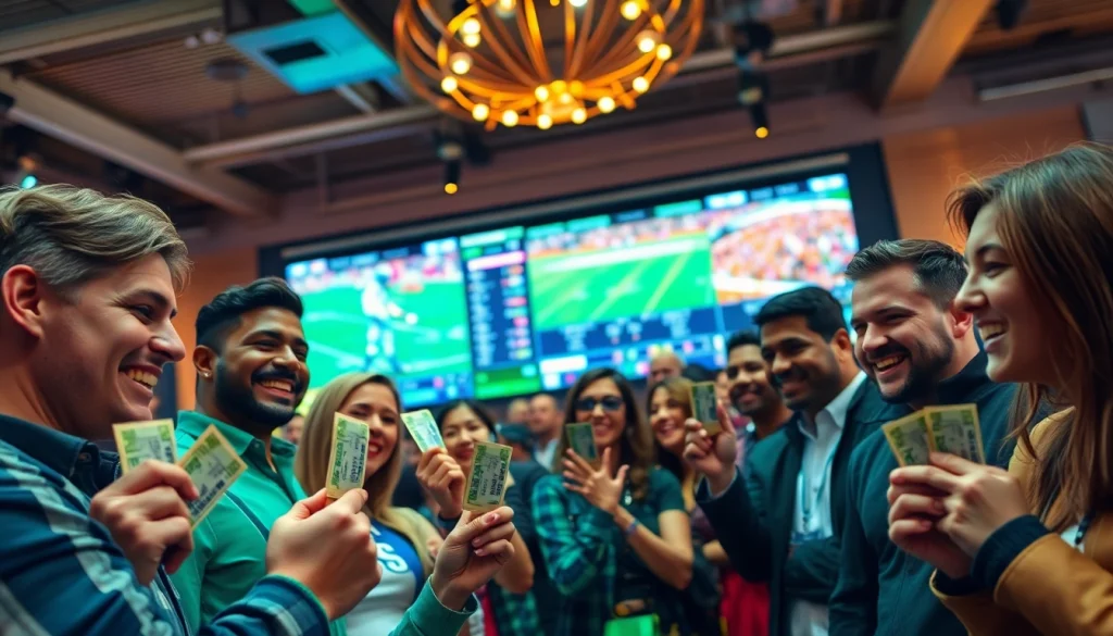 Celebrating a win in best sportsbooks Mexico with diverse bettors enjoying a lively atmosphere.