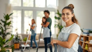Cleaning Service team professionally engaged in a bright home environment ensuring thorough cleanliness
