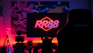 Showcase of a sophisticated gaming setup with the RR88 logo, vibrant RGB lights, and an inviting atmosphere.