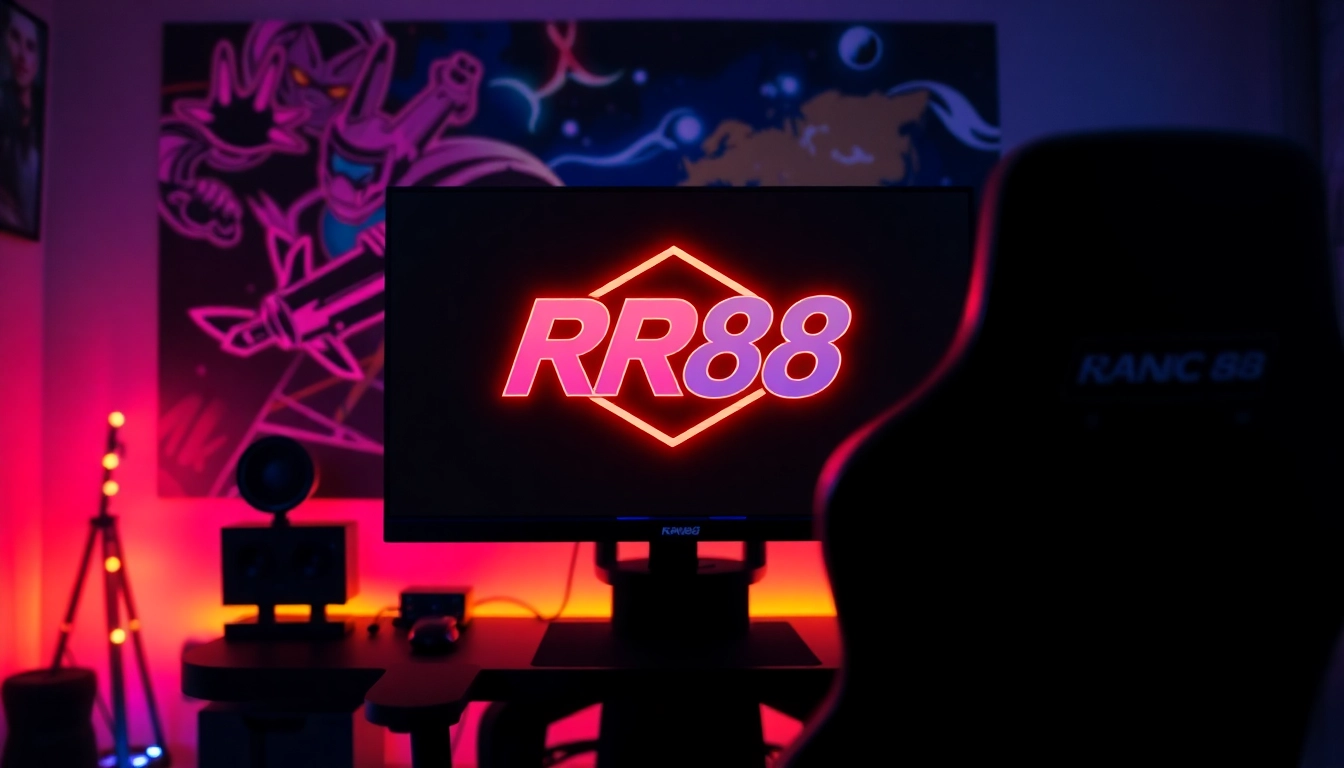 Showcase of a sophisticated gaming setup with the RR88 logo, vibrant RGB lights, and an inviting atmosphere.