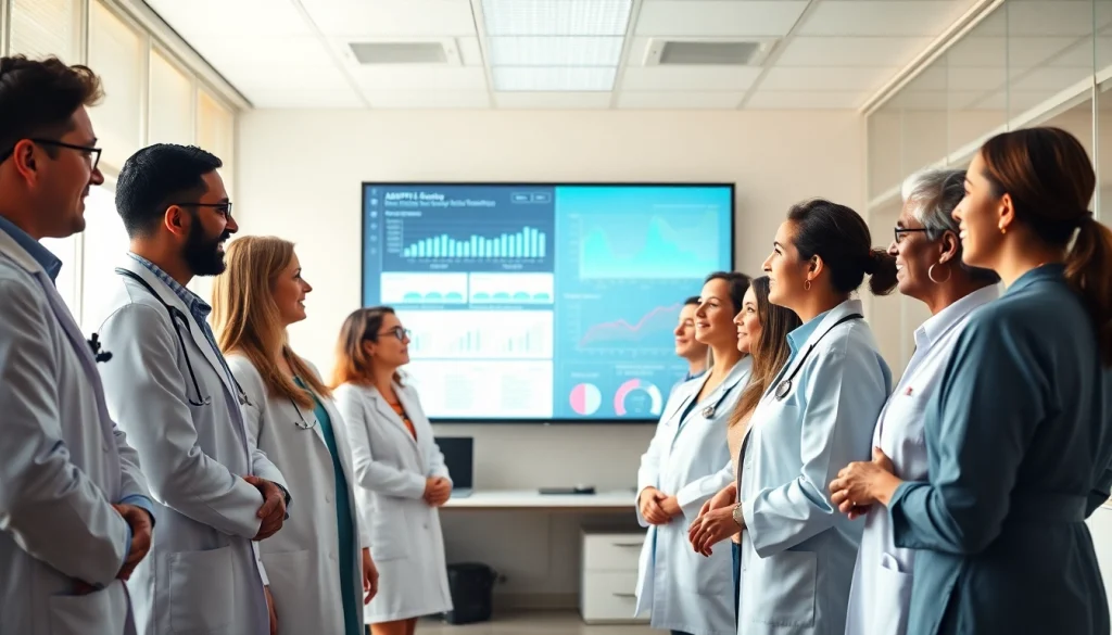 Illustration of healthcare professionals collaborating on the ADAPTABLE Aspirin Study in a clinical setting.