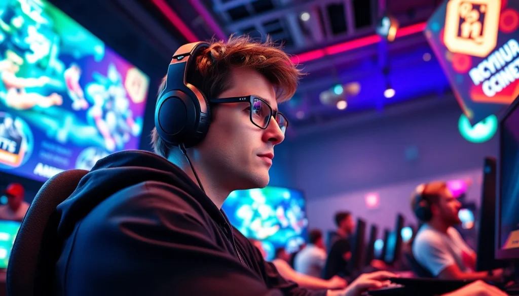 Login ke mawar500 login game dengan gamer profesional dalam lingkungan esports yang cerah.