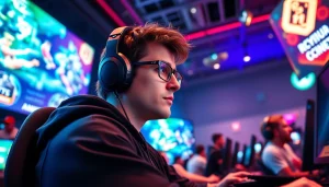 Login ke mawar500 login game dengan gamer profesional dalam lingkungan esports yang cerah.