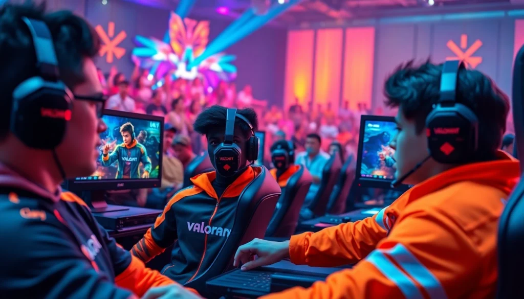Engaging esports players during a Valorant download event showcasing vibrant gaming setups and lively audience.