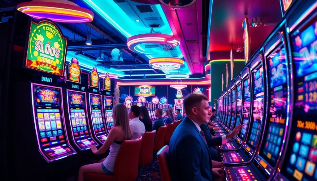 Bermain bro138 slot di kasino yang cerah dengan mesin slot modern yang menyala.