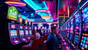 Bermain bro138 slot di kasino yang cerah dengan mesin slot modern yang menyala.