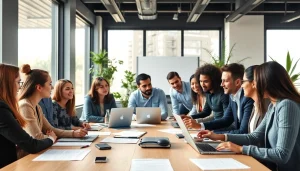 Collaborative marketing team discussing strategies at https://press.farm in a vibrant office.