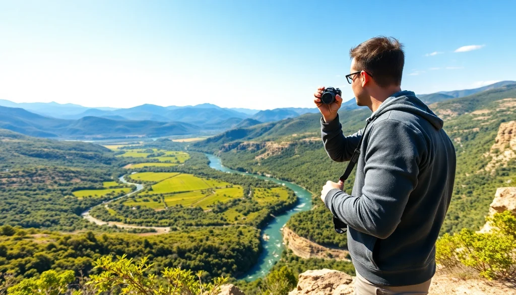 Travel guide at scenic overlook emphasizing https://travelvixta.com with stunning landscape
