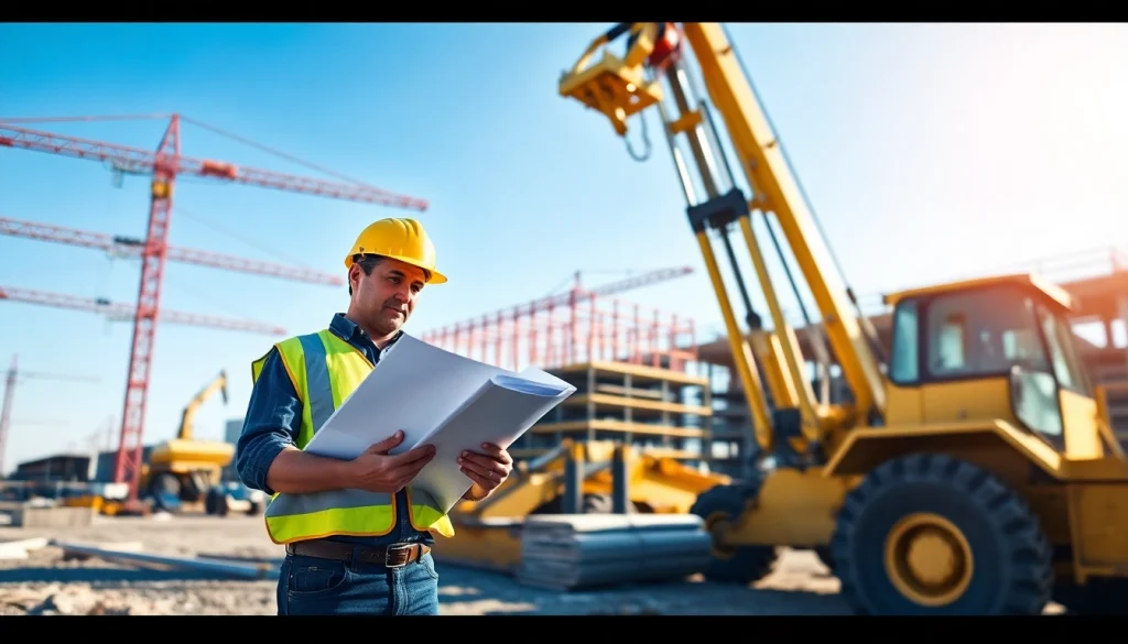 Showcase of a New Jersey Commercial General Contractor reviewing blueprints at a construction site.