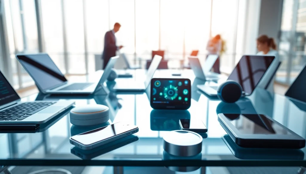 Showcase of Technology in a modern office, featuring high-tech devices and a collaborative atmosphere.