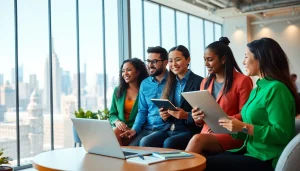 Collaborative discussion about jobs new york in a modern workspace with city skyline view.