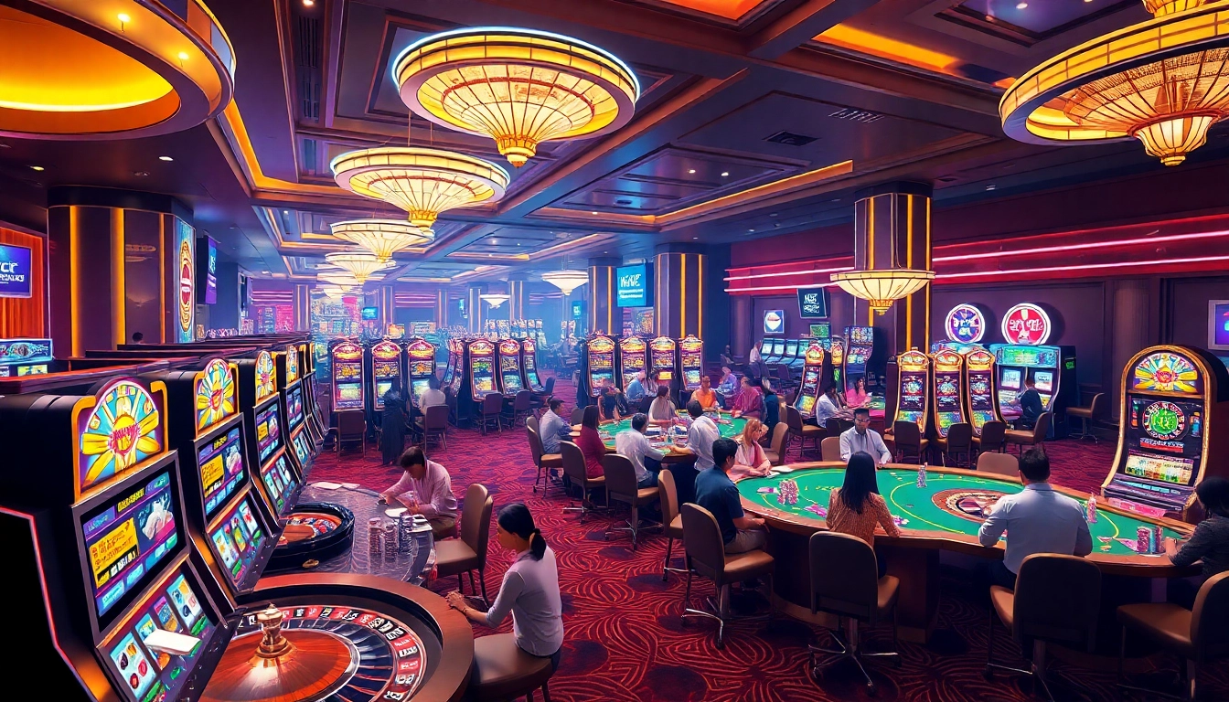Experience the vibrant gambling world of KJC AC 1 with players enjoying casino tables and slot machines.