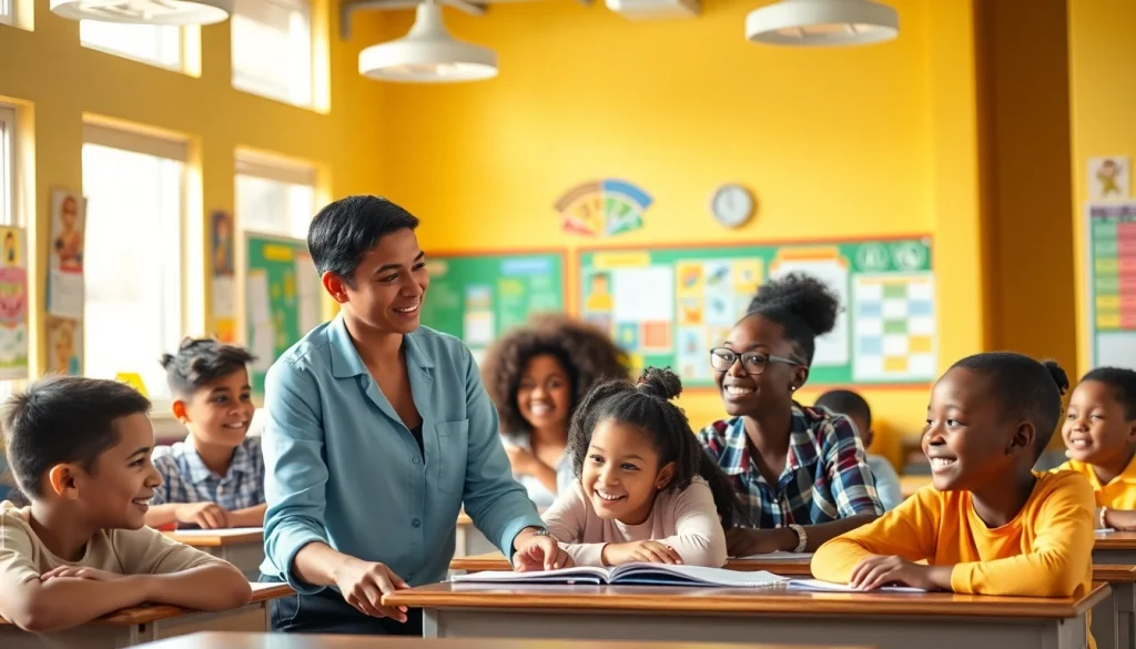 Engaging Education scene showcasing a teacher facilitating diverse student interactions in an inviting classroom.