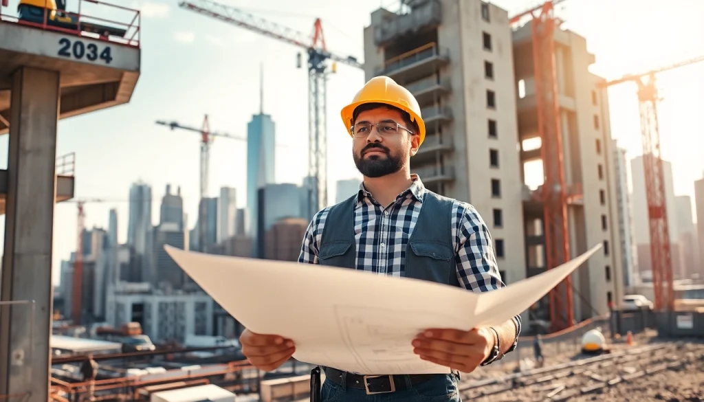 New York General Contractor examining blueprints at a lively construction site in NYC.