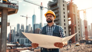 New York General Contractor examining blueprints at a lively construction site in NYC.