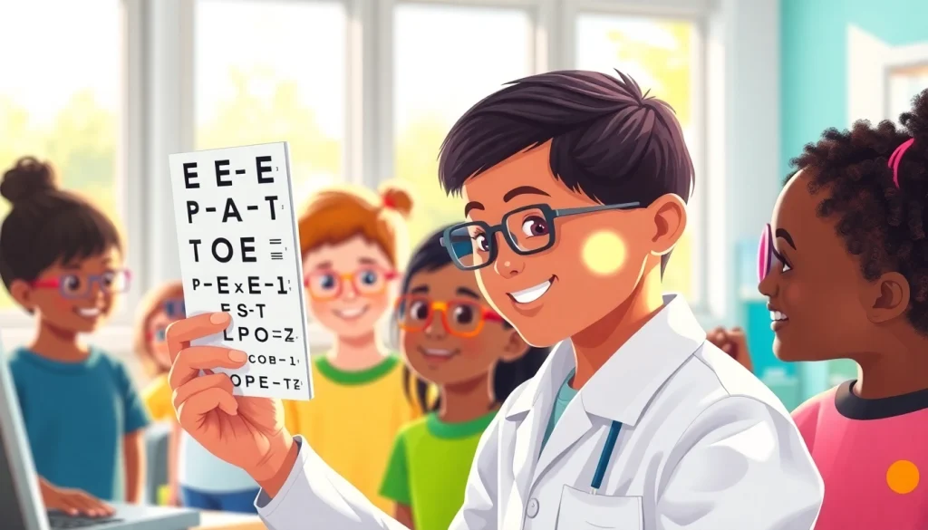 Our Children's Vision highlighted as children joyfully receive eye care in a vibrant community setting.