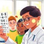 Our Children's Vision highlighted as children joyfully receive eye care in a vibrant community setting.