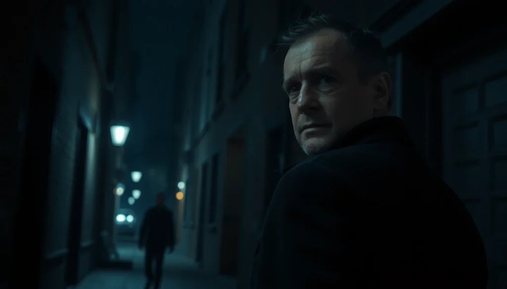 Detective in a dark alley capturing the essence of a clean thriller.