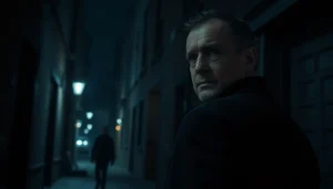 Detective in a dark alley capturing the essence of a clean thriller.