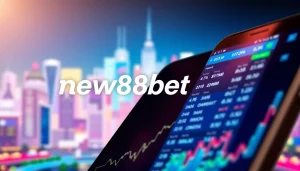 Engaging showcase of new88bet online betting interface highlighting the digital skyline backdrop.