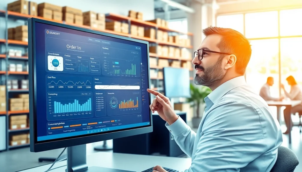 Visualize order processing software with a modern interface showing order flow and inventory data in a bright office.