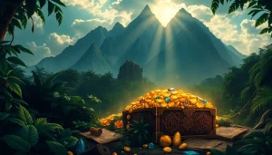 Unearthed treasures from King Solomon's Mine, featuring gold and gems amidst lush jungle foliage.