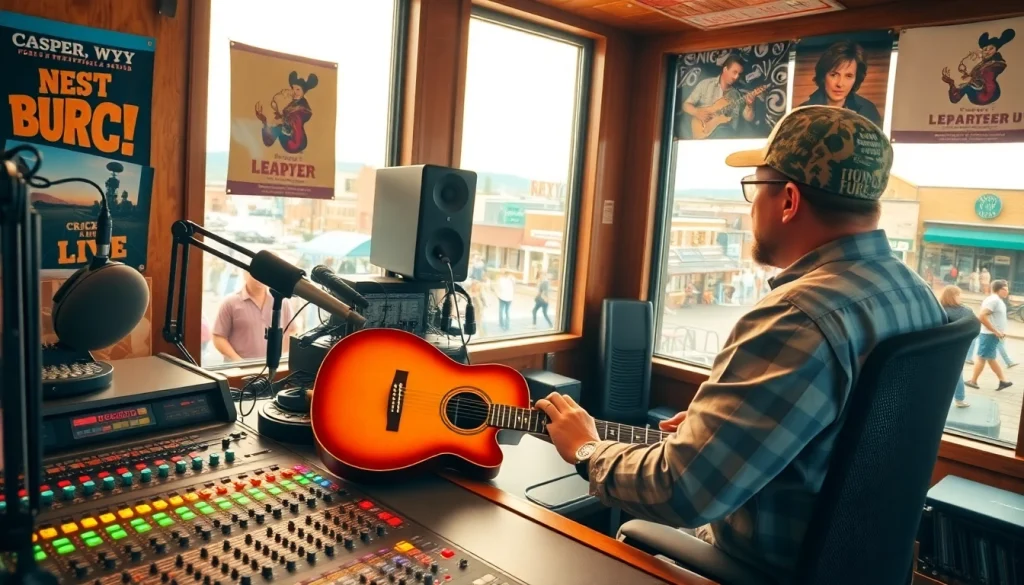 Engaging DJ at https://mycountry955.com radio station with a vibrant and inviting country music atmosphere