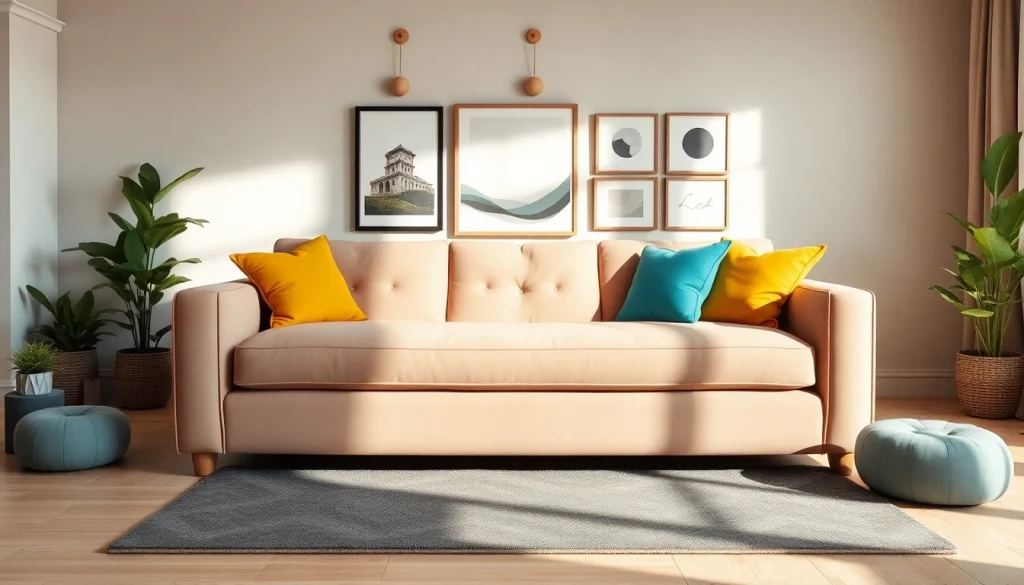 Cozy sofa bed in a stylish living room with inviting colors and modern decor.