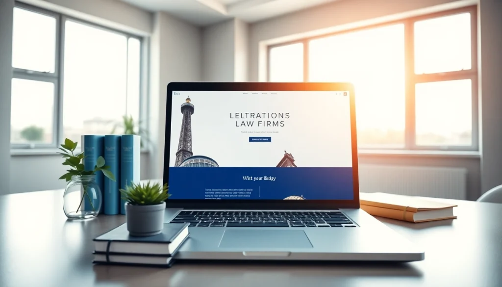 Showcasing a modern law firm website design on a laptop at https://www.lawfirmswebsitedesign.com in a professional workspace.