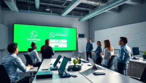 Collaborative team discussing WhatsApp API solutions in a modern office setting.