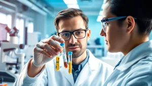 Buying peptides online - Professional scientist examining peptide vials in a modern lab