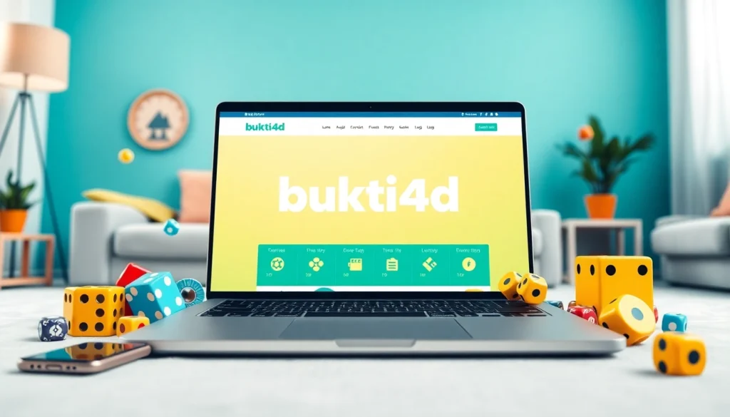 Mengakses bukti4d dengan laptop modern dan elemen permainan yang berwarna-warni.