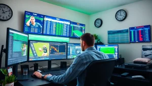 Engaging sports betting in Brazil scene with a user analyzing real-time betting data.