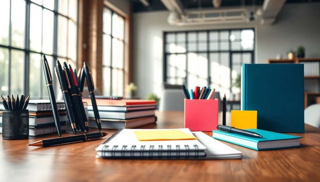 Showcasing office stationery supplies on a sleek desk, emphasizing organization and style.