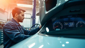 Mechanic conducting a California Smog Check on a vehicle in a well-lit garage.
