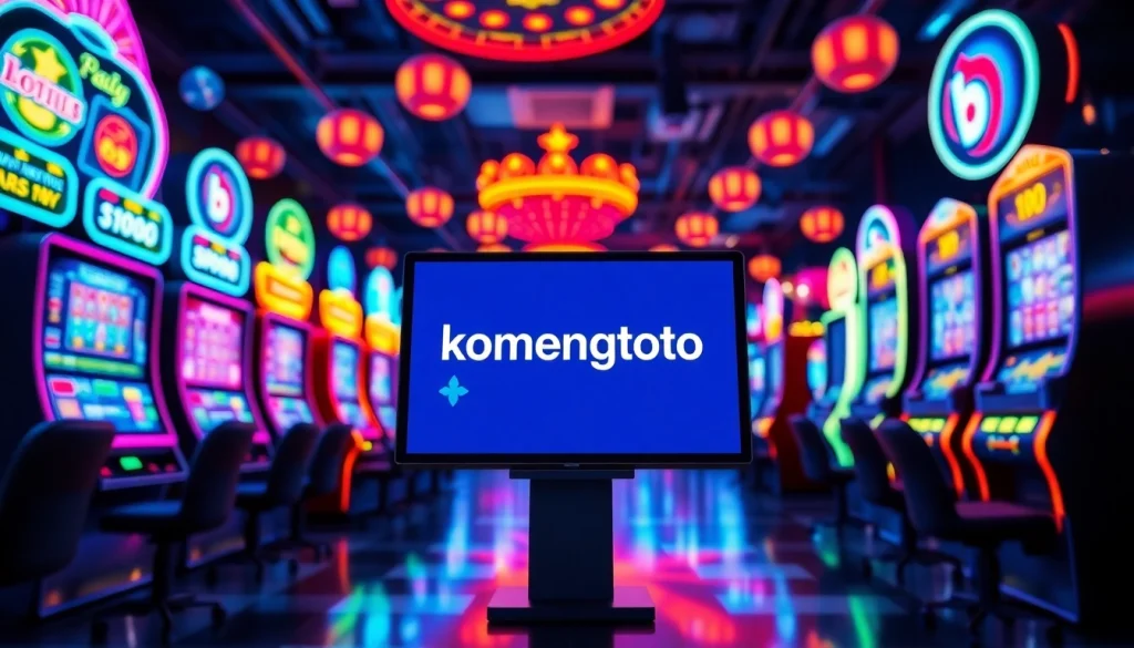 Komengtoto logo tampil menonjol di perangkat digital dalam latar belakang kasino online yang cerah.