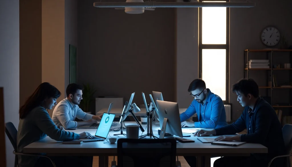 Desenvolvimento de Site: equipe colaborando em um projeto digital em ambiente moderno.