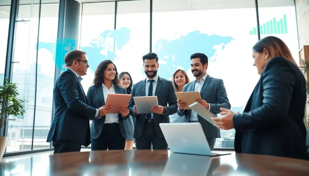 Engaged brokers discussing international business real estate trends in a modern office.