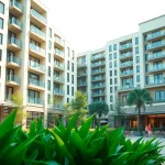 View the modern condominium complex at https://newdeveloperlaunch.sg, showcasing luxury living in Singapore with vibrant outdoor spaces.